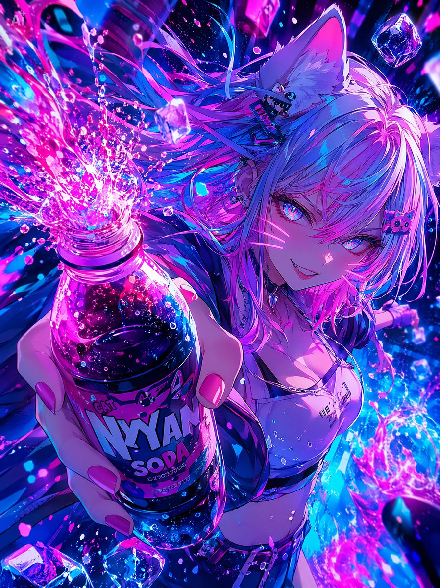 Neon Catgirl Soda Ad，角色设计，霓虹、海报、插画，案例输出图 1