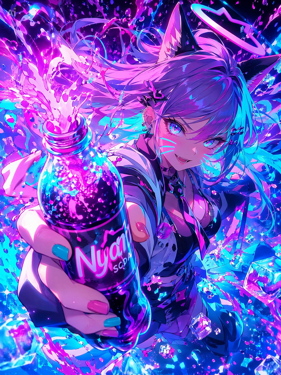 Neon Catgirl Soda Burst，角色设计，霓虹、海报、插画，案例输出图 1