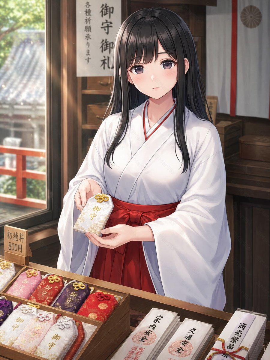 Shrine Maiden Offering an Omamori，角色设计，人像、插画、角色，案例输出图 1