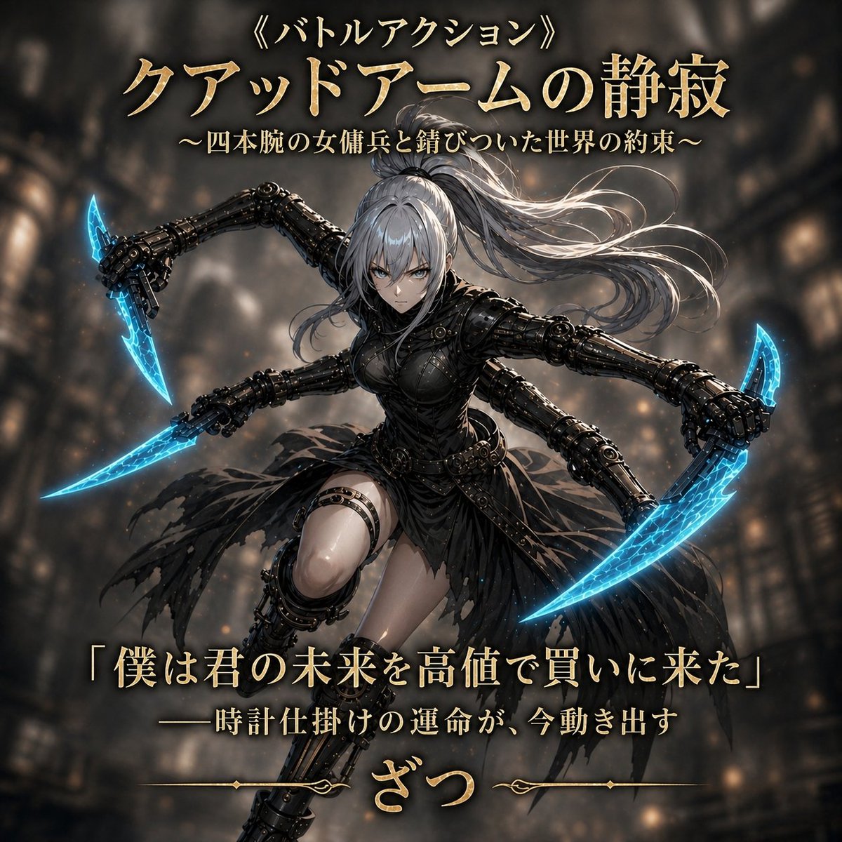 Dark Fantasy Four-Armed Heroine Cover，角色设计，霓虹、电影感、时尚，案例输出图 1