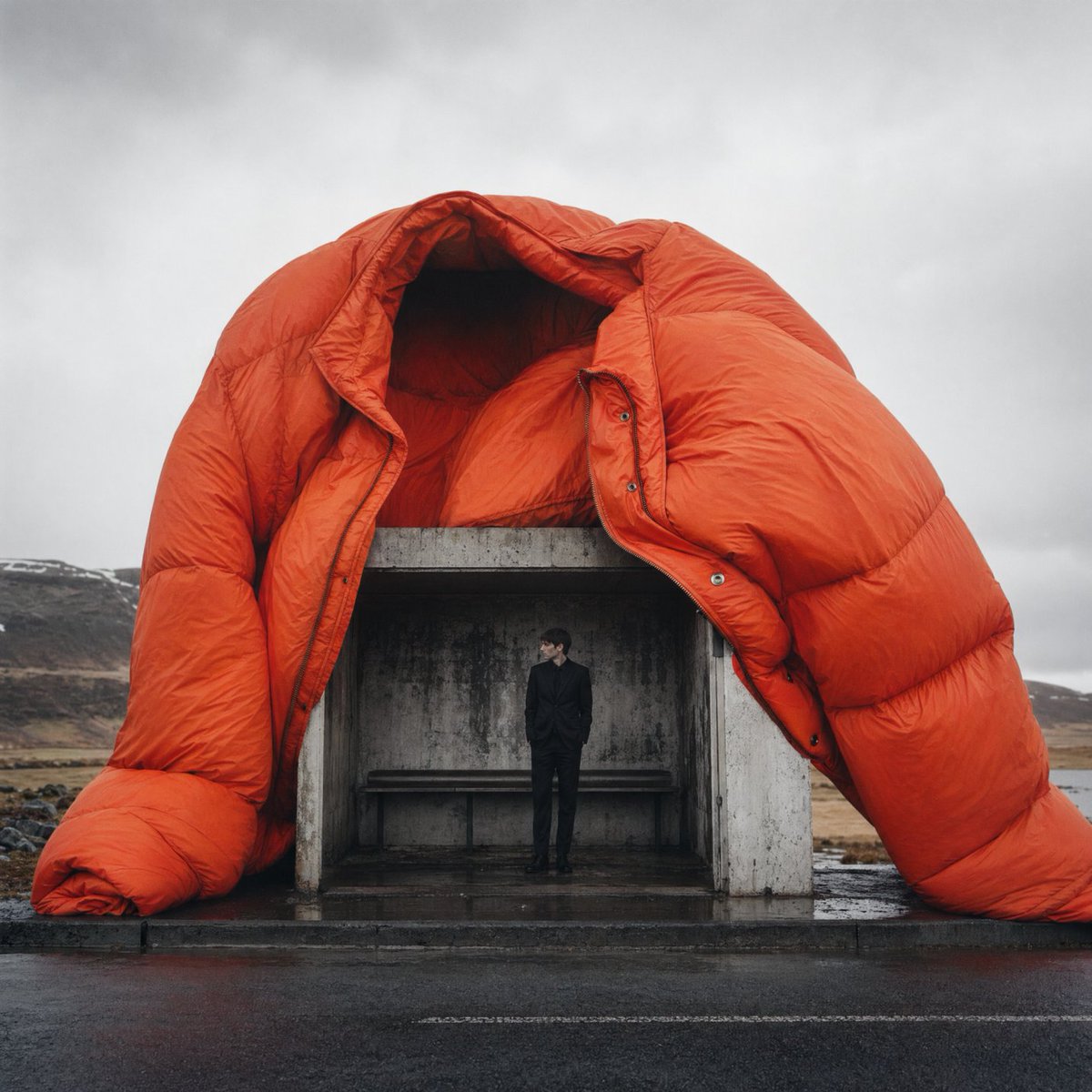 Surreal Orange Puffer Bus Stop Editorial，人像与摄影，人像、电影感、时尚，案例输出图 1