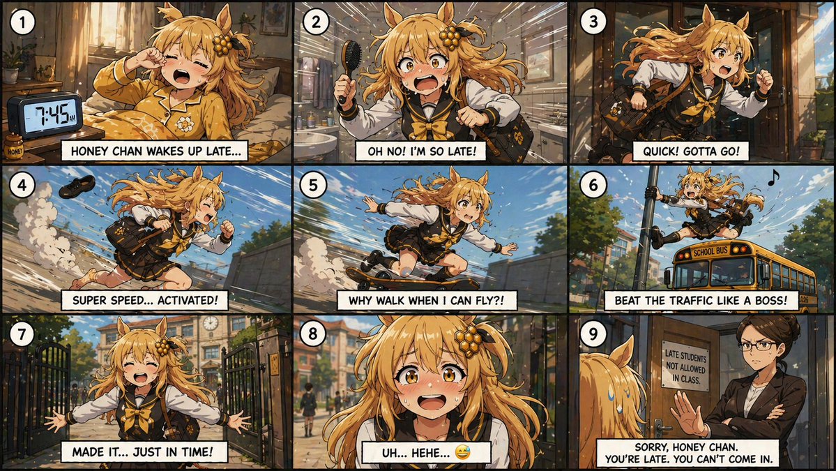 Anime Schoolgirl Late Morning Comic，角色设计，电影感、插画、角色，案例输出图 1