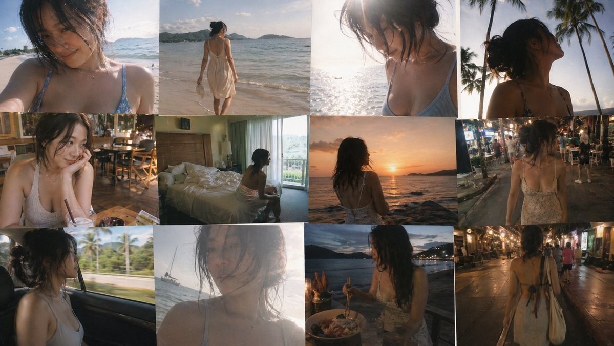 旅行快照拼贴提示词 / Travel Snapshot Collage Prompt，人像与摄影，35mm、人像、电影感，案例输出图 1