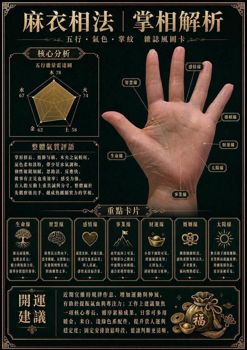 手相分析卡片生成器 / Palmistry Analysis Card Generator，人像与摄影，人像、信息图、人像与摄影，案例输出图 1