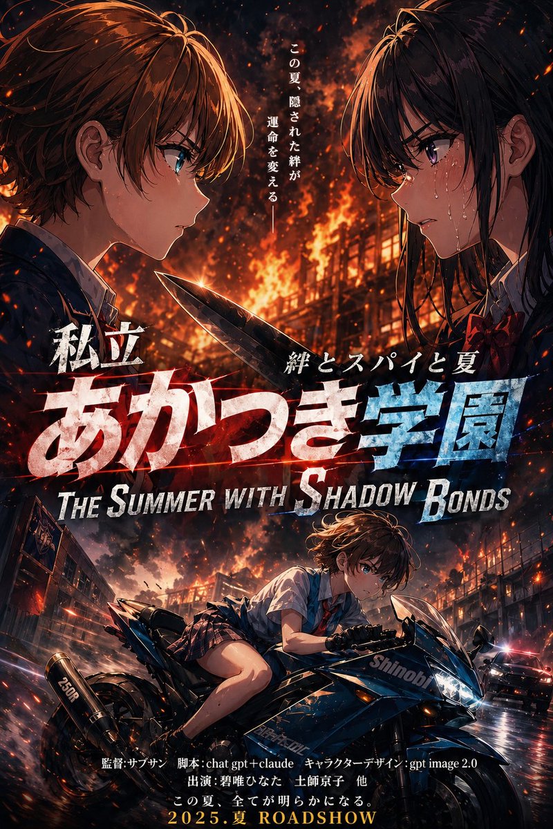 燃烧的动漫校园惊悚片海报 / Burning Anime School Thriller Poster，角色设计，35mm、电影感、海报，案例输出图 1