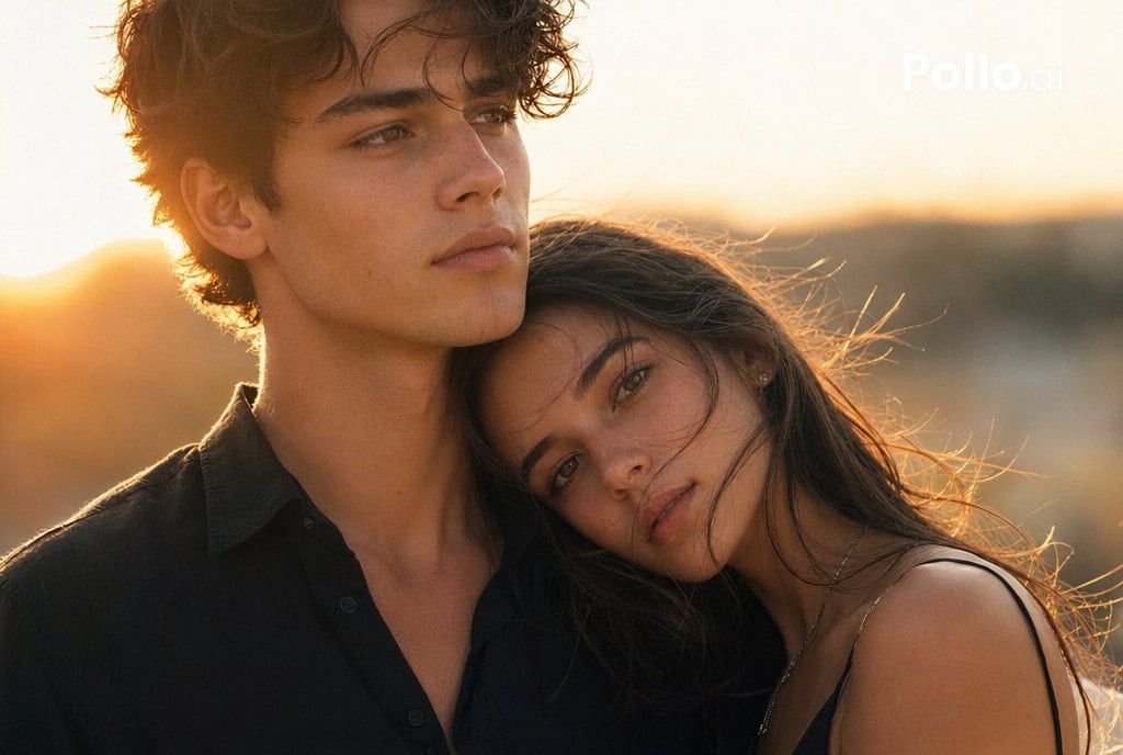 电影感日落情侣特写 / Cinematic Sunset Couple Close-Up，人像与摄影，35mm、人像、电影感，案例输出图 1