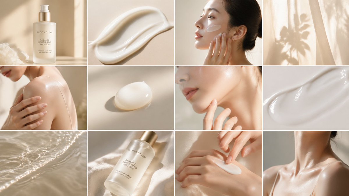 奢华护肤品编辑风格网格 / Luxury Skincare Editorial Grid，人像与摄影，人像、电影感、时尚，案例输出图 1