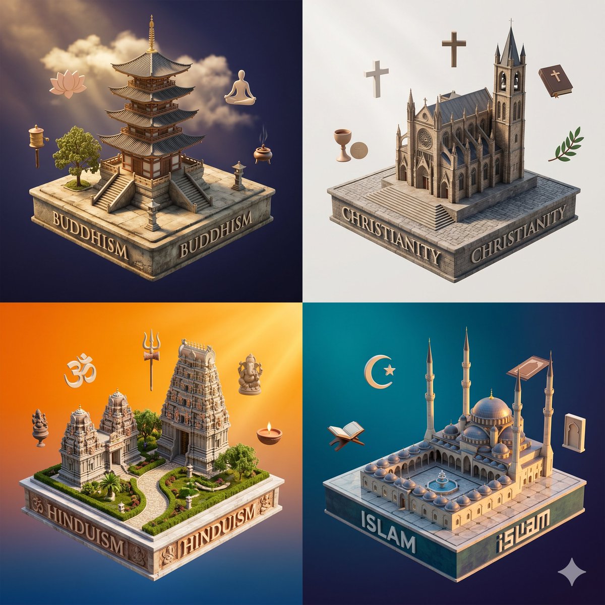 等距视角宗教立体模型网格 / Isometric Religion Diorama Grid，模型对比与社区，电影感、海报、排版，案例输出图 1