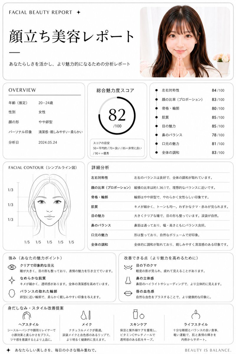 日式面部美容报告排版 / Japanese Facial Beauty Report Layout，人像与摄影，人像、时尚、极简，案例输出图 1