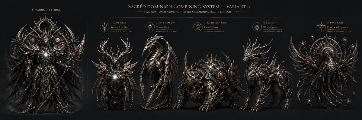 哥特式五兽合体机甲设计图 / Gothic Five-Beast Combining Mecha Sheet，角色设计，电影感、海报、插画，案例输出图 1