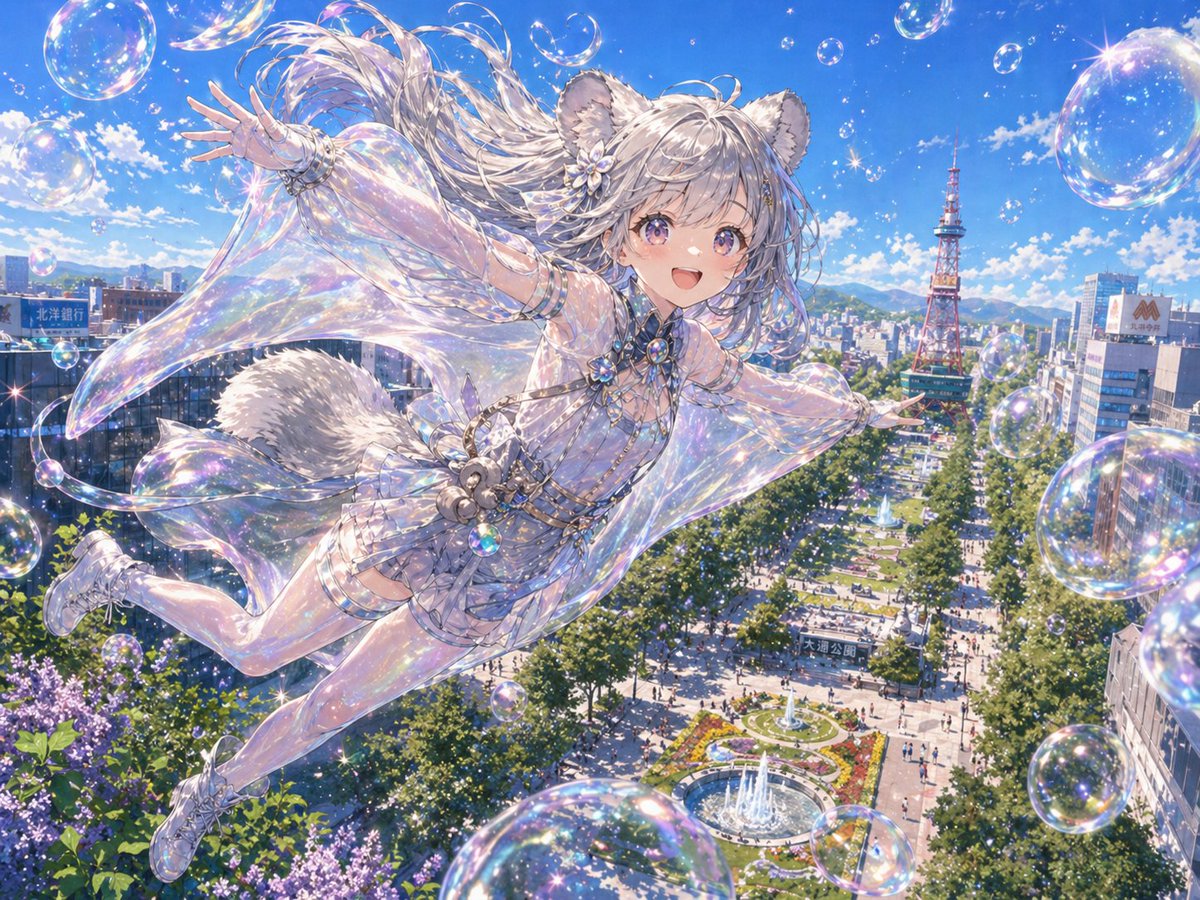札幌上空的虹彩松鼠少女 / Iridescent Squirrel Girl Above Sapporo，角色设计，插画、角色、二次元，案例输出图 1