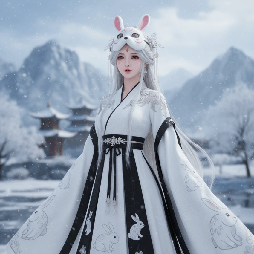 雪兔面具汉服人像 / Snow Rabbit Mask Hanfu Portrait，人像与摄影，人像、电影感、极简，案例输出图 1