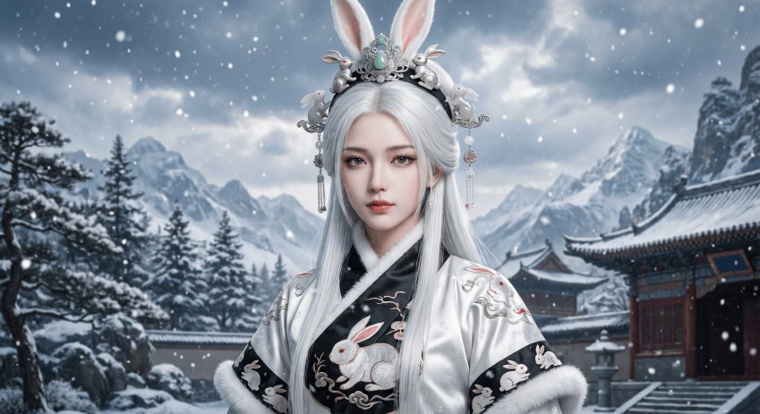 雪兔女皇肖像 / Snow Rabbit Empress Portrait，人像与摄影，人像、电影感、人像与摄影，案例输出图 1