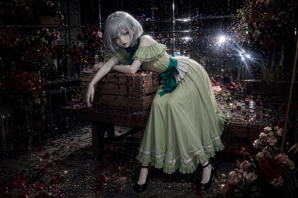 雨夜花卉哥特肖像 / Rainy Night Floral Gothic Portrait，角色设计，人像、电影感、插画，案例输出图 1