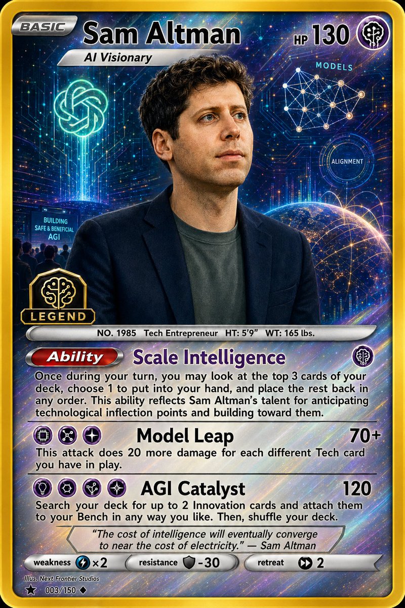 全息 AI 远见者收藏卡 / Holographic AI Visionary Trading Card，UI 与社交媒体截图，霓虹、人像、插画，案例输出图 1