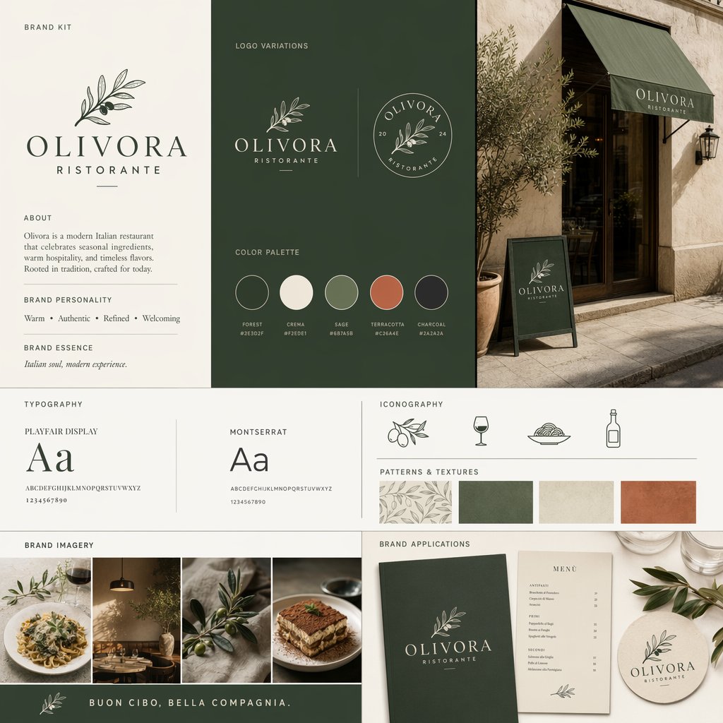 意大利餐厅品牌工具包项目 / Italian Restaurant Brand Kit Board，UI 与社交媒体截图，时尚、UI、截图，案例输出图 1