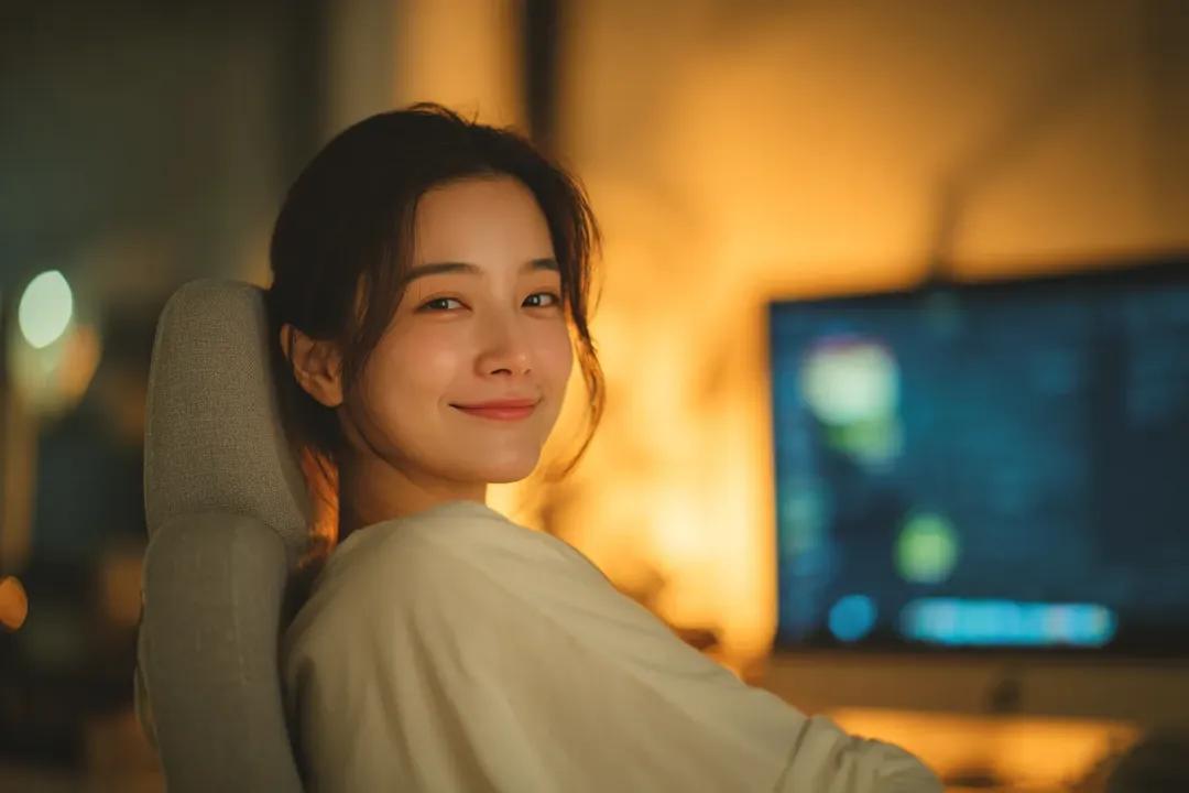 Cozy Cinematic Home Workspace Portrait，UI 与社交媒体截图，35mm、人像、电影感，案例输出图 1