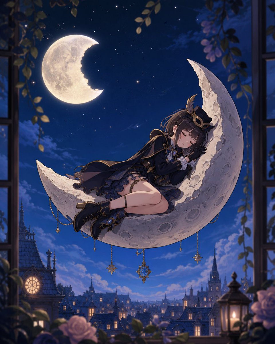 Anime Girl Sleeping on Stolen Moon，角色设计，电影感、插画、角色，案例输出图 1
