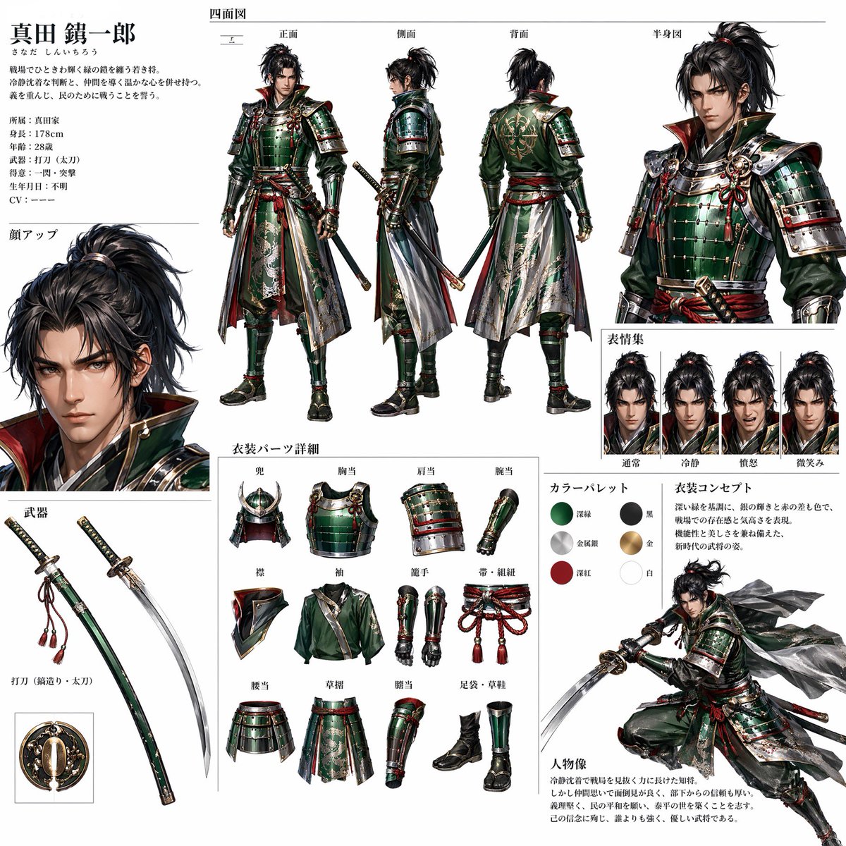 Ginger Ale Samurai Character Sheet，角色设计，人像、插画、角色，案例输出图 1
