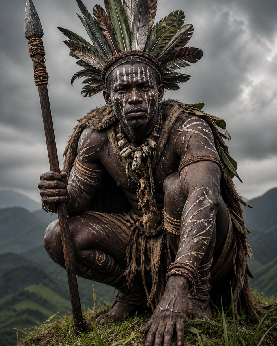 Crouching Tribal Warrior Portrait，人像与摄影，人像、电影感、竖版，案例输出图 1