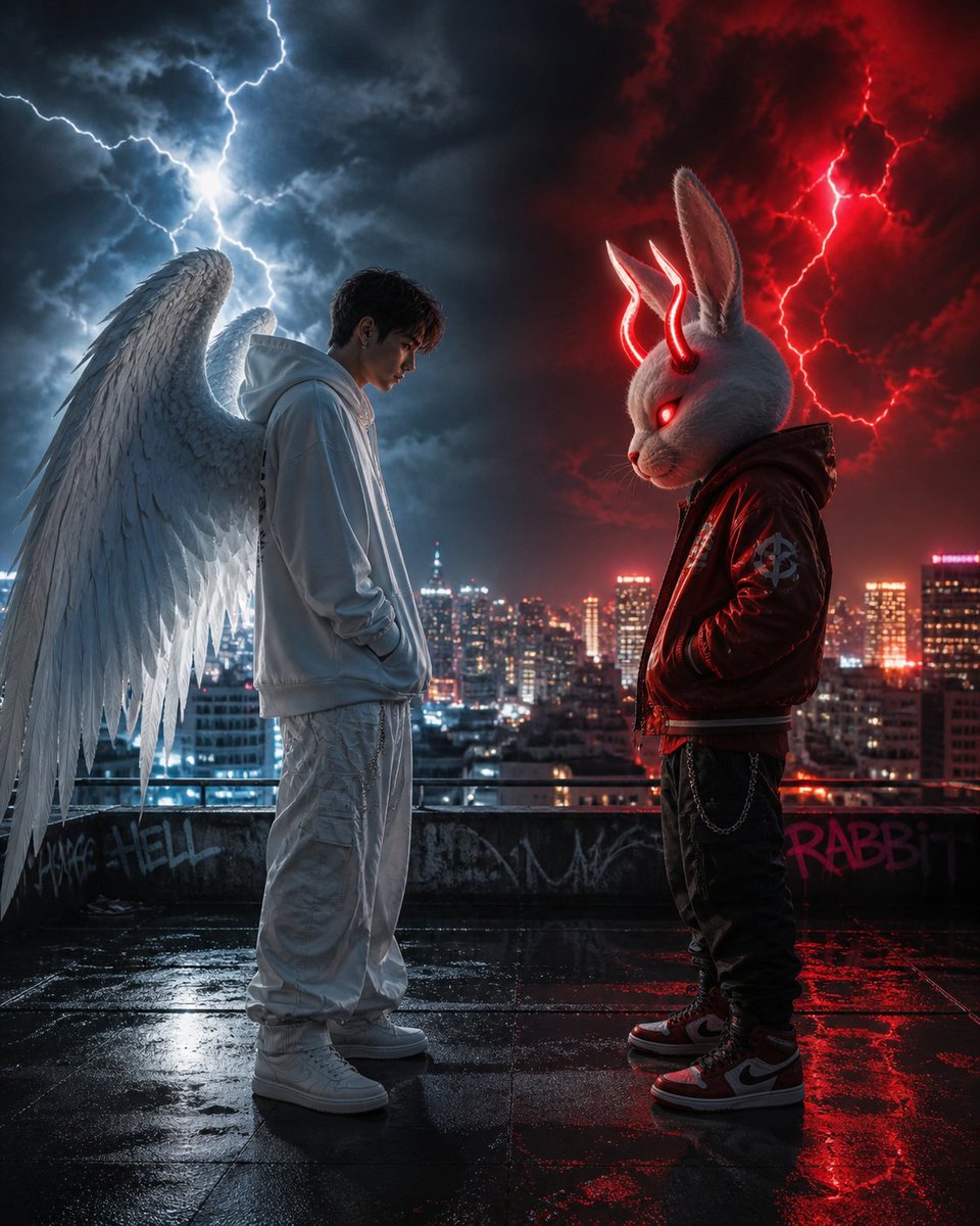 赛博朋克天使与恶魔对决 / Cyberpunk Angel vs Demon Showdown，模型对比与社区，霓虹、电影感、插画，案例输出图 1