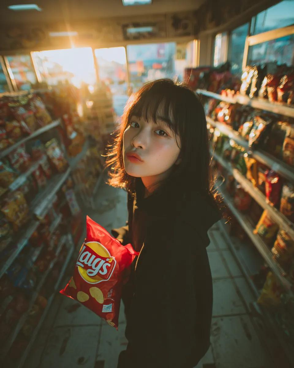 便利店抓拍人像 / Convenience Store Candid Portrait，人像与摄影，35mm、人像、电影感，案例输出图 2