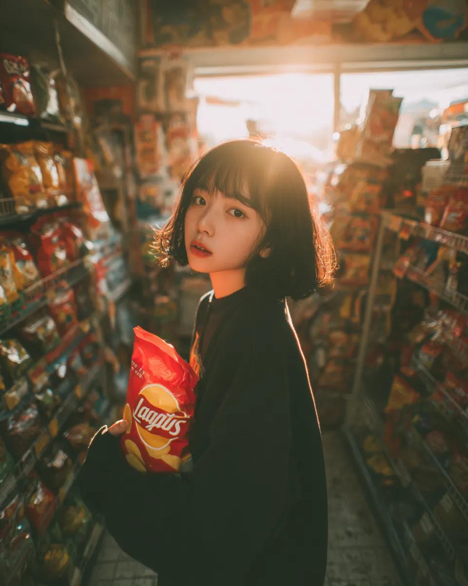 便利店抓拍人像 / Convenience Store Candid Portrait，人像与摄影，35mm、人像、电影感，案例输出图 3