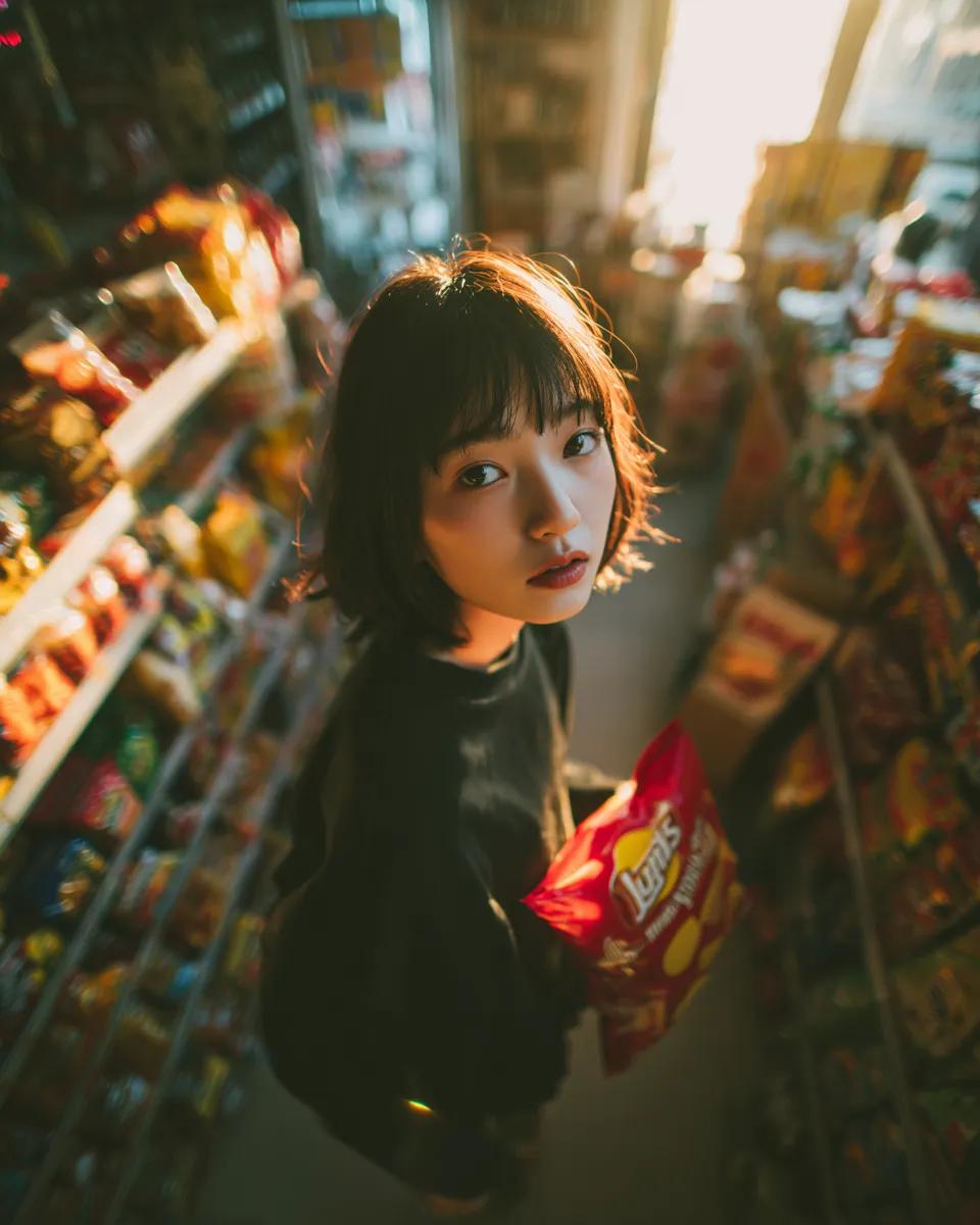 便利店抓拍人像 / Convenience Store Candid Portrait，人像与摄影，35mm、人像、电影感，案例输出图 4