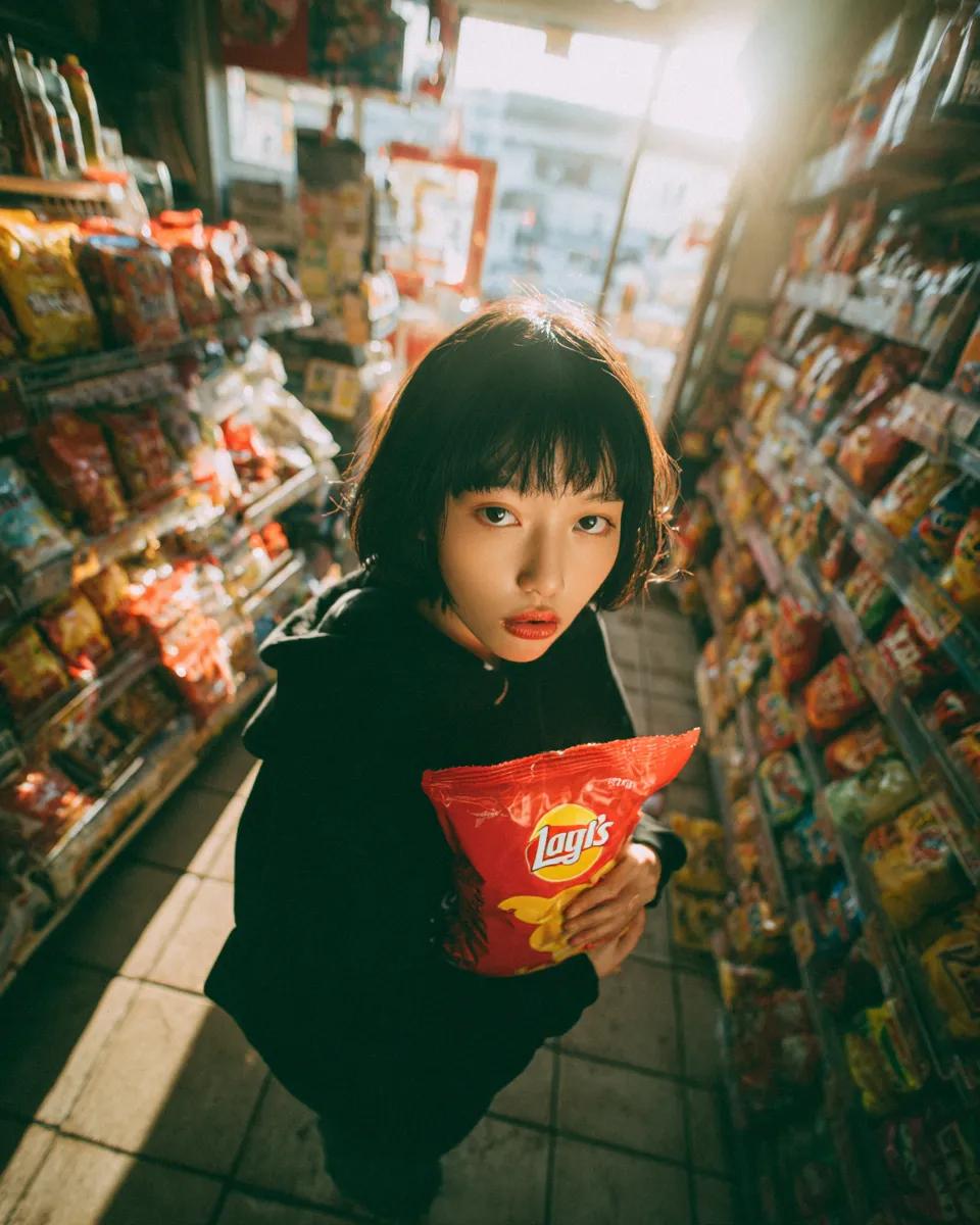 便利店抓拍人像 / Convenience Store Candid Portrait，人像与摄影，35mm、人像、电影感，案例输出图 1
