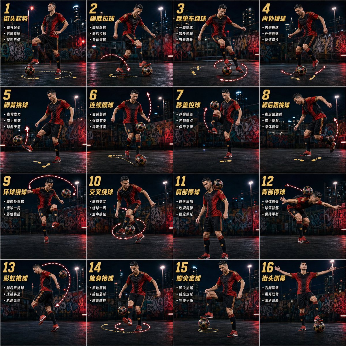 花式足球 16 步动作海报 / Freestyle Football 16-Step Action Poster，角色设计，电影感、海报、插画，案例输出图 1