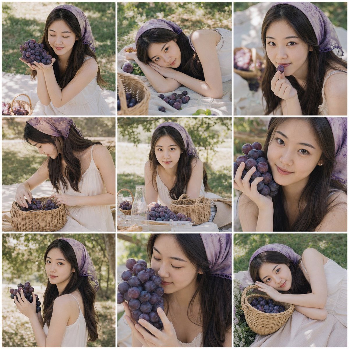 夏日葡萄女孩 3x3 九宫格人像 / Summer Grape Girl 3x3 Grid Portrait，角色设计，35mm、人像、时尚，案例输出图 1