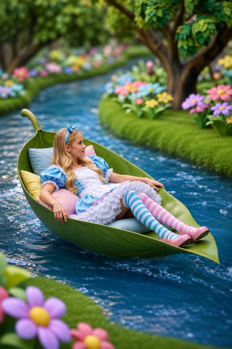 爱丽丝风格的叶舟奇幻场景 / Alice-Inspired Leaf Boat Fantasy，角色设计，人像、电影感、插画，案例输出图 1