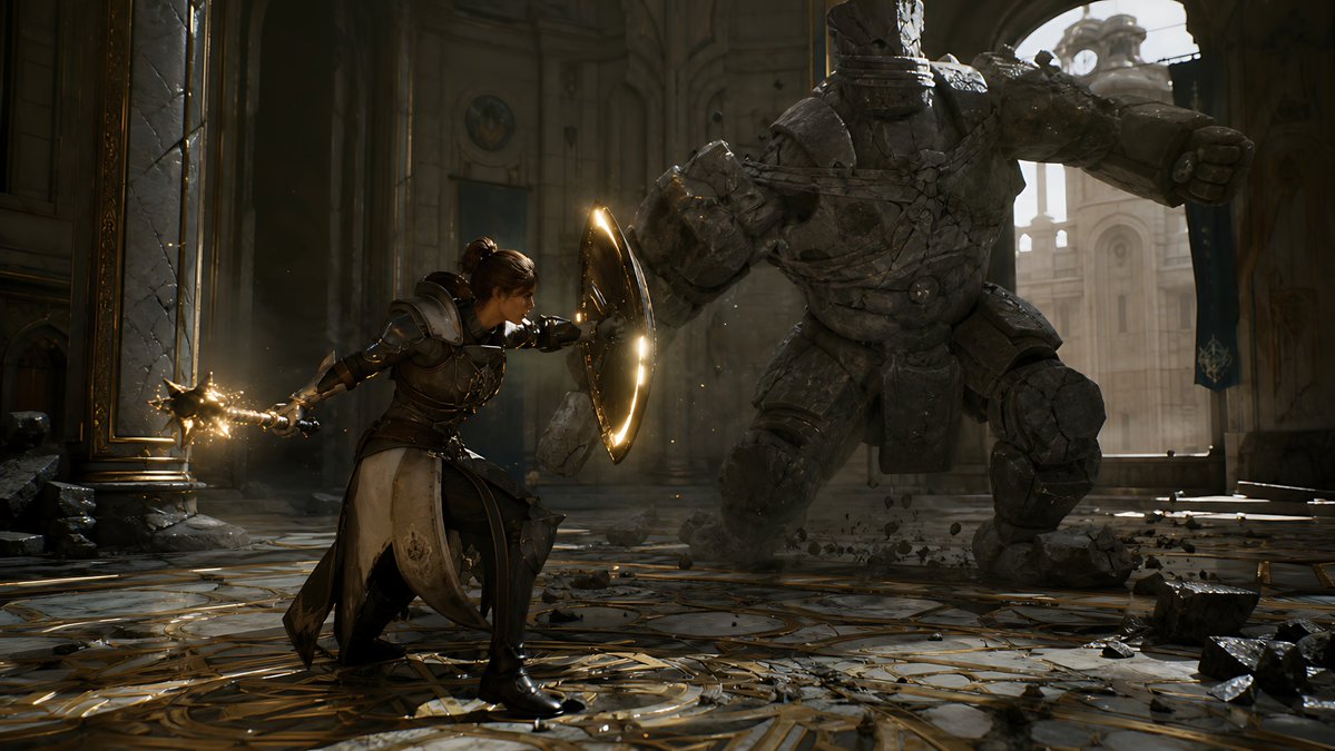 骑士法师大战石像鬼 / Knight-Mage Battles Stone Golem，UI 与社交媒体截图，电影感、插画、UI，案例输出图 1