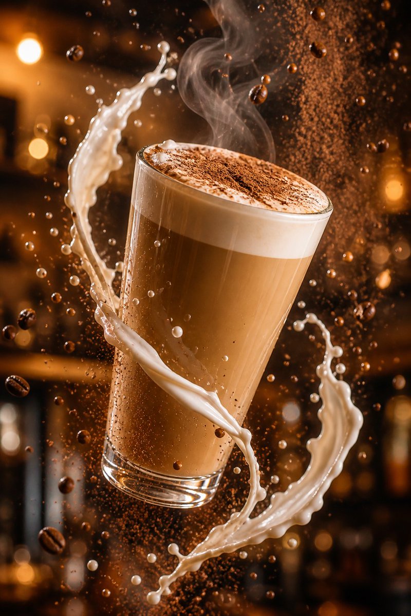 电影级旋转拿铁飞溅效果 / Cinematic Spinning Latte Splash，人像与摄影，人像、电影感、产品图，案例输出图 1