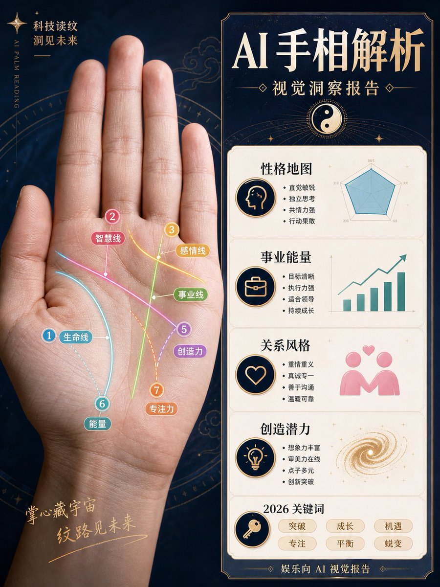 AI 手相分析报告海报 / AI Palm Reading Report Poster，人像与摄影，人像、时尚、海报，案例输出图 1