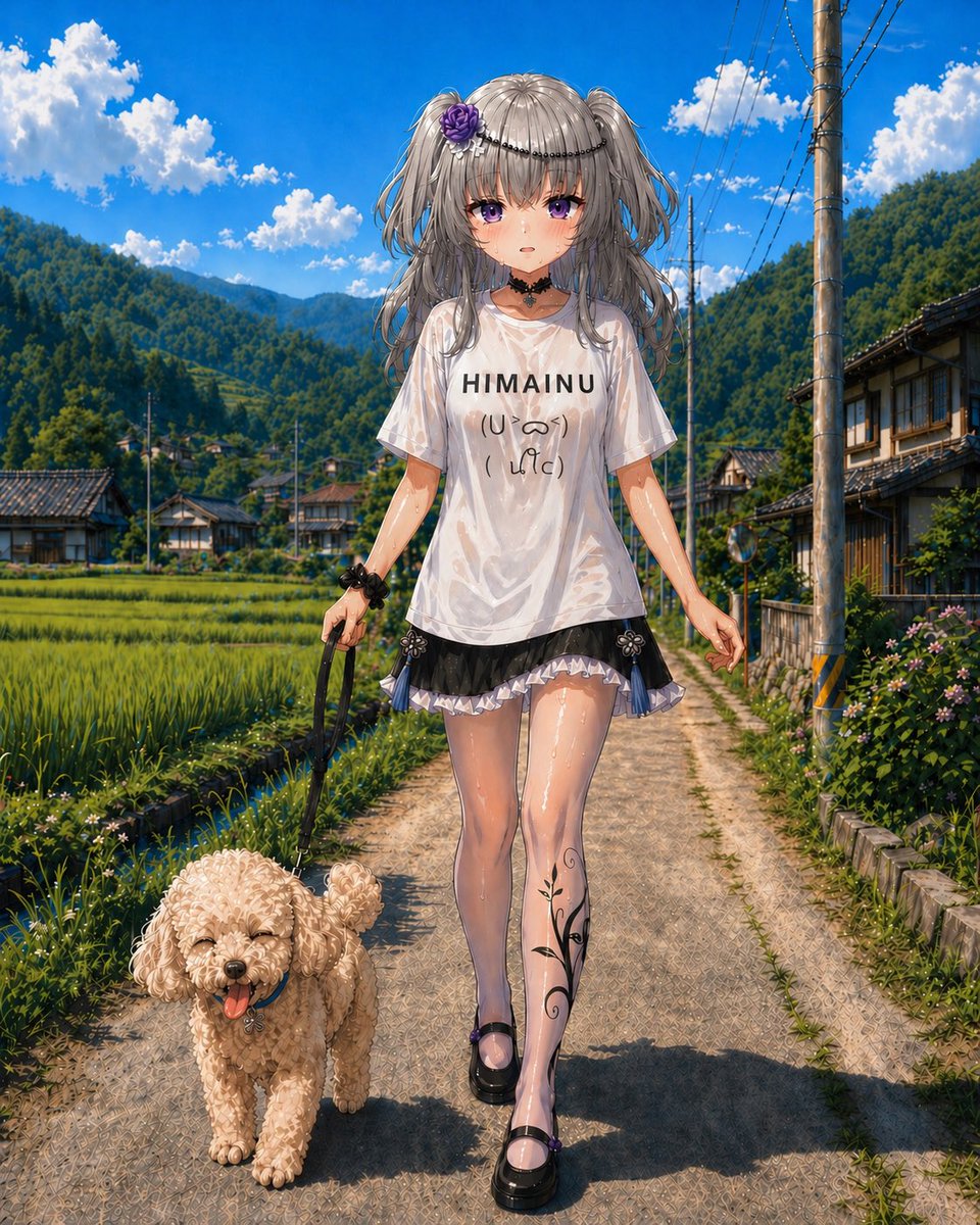 动漫乡村遛狗 T 恤场景 / Anime Countryside Dog Walk T-Shirt Scene，角色设计，电影感、时尚、插画，案例输出图 1