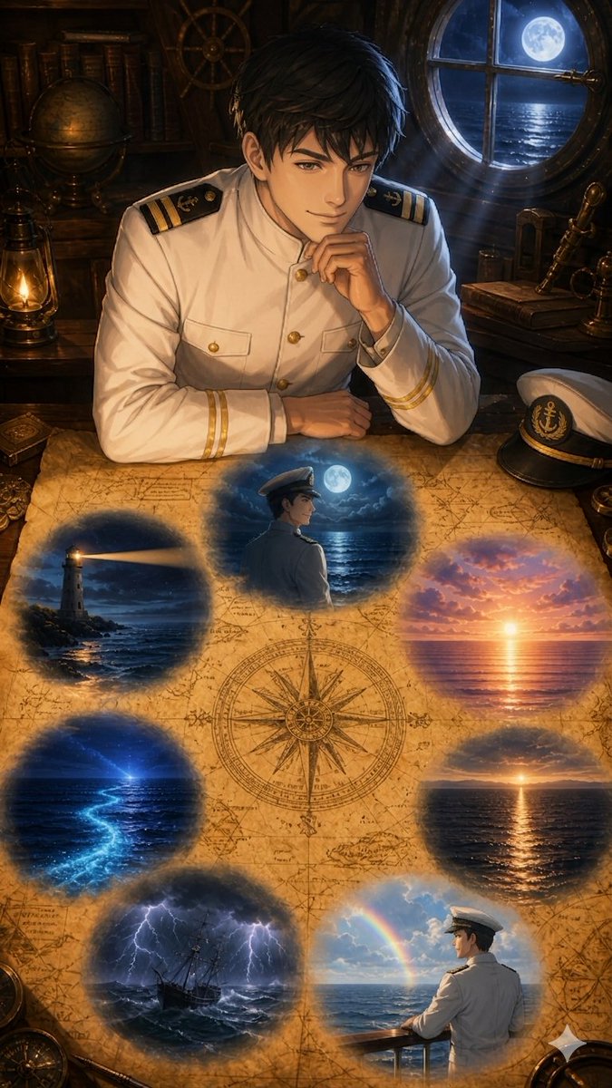 月光下的海军军官地图幻象 / Moonlit Naval Officer Map Visions，角色设计，人像、电影感、插画，案例输出图 1