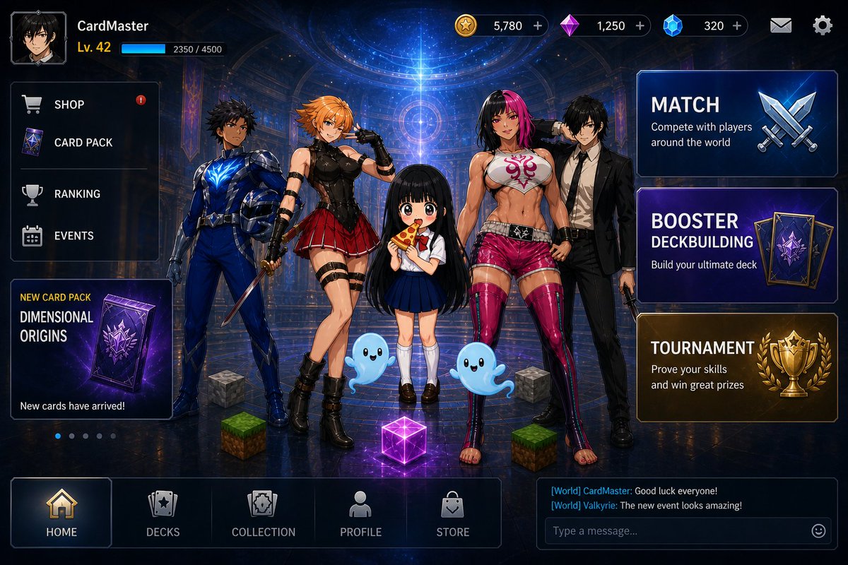 动漫卡牌游戏大厅 UI / Anime Card Game Lobby UI，UI 与社交媒体截图，霓虹、人像、UI，案例输出图 1