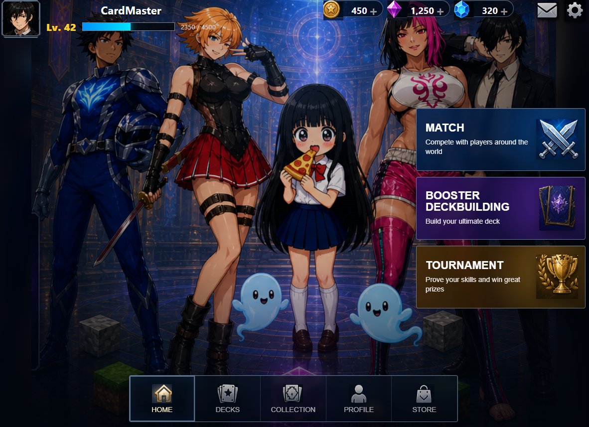 动漫卡牌游戏大厅 UI / Anime Card Game Lobby UI，UI 与社交媒体截图，霓虹、人像、UI，案例输出图 2
