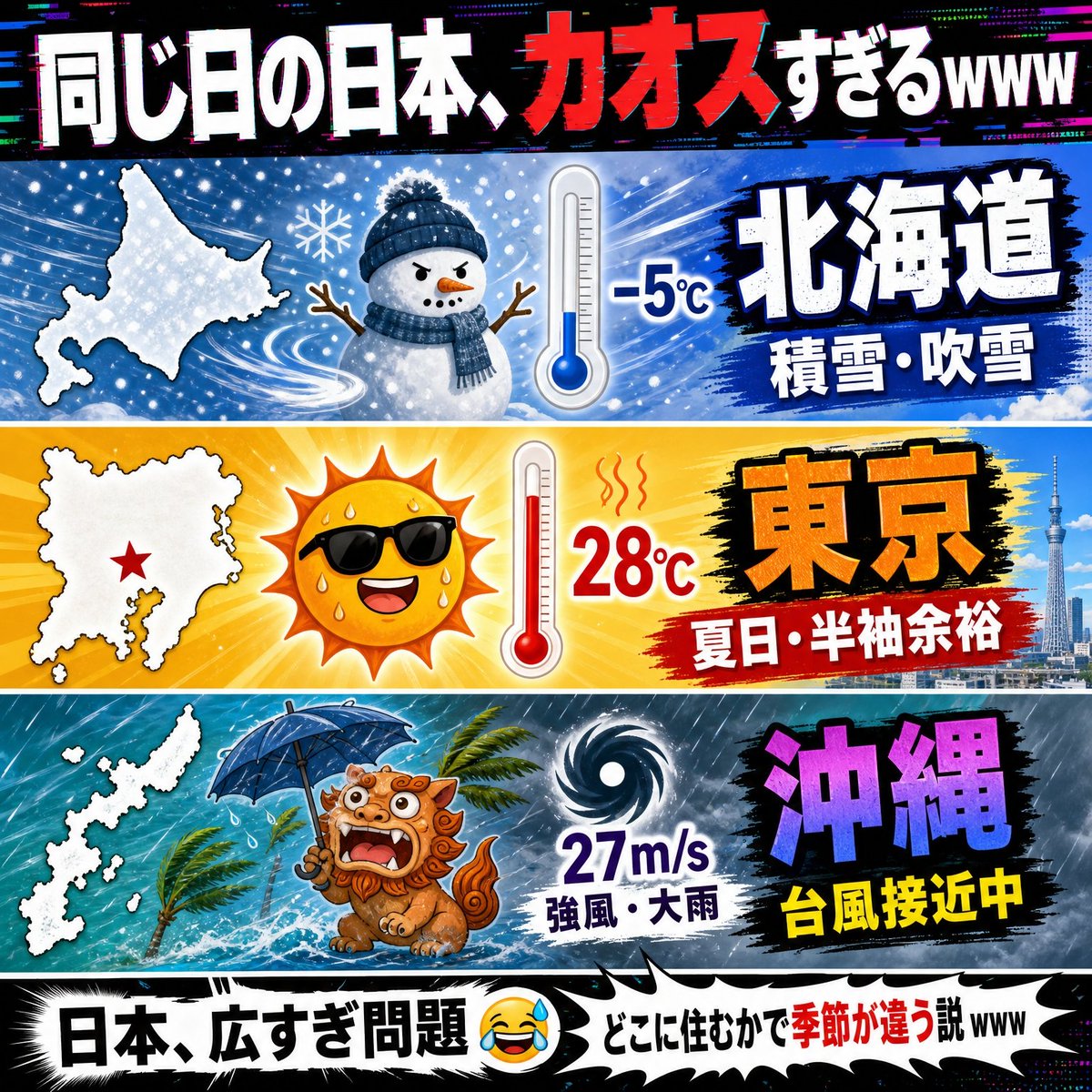日本天气混乱梗图 / Chaotic Japan Weather Meme，角色设计，海报、插画、截图，案例输出图 1