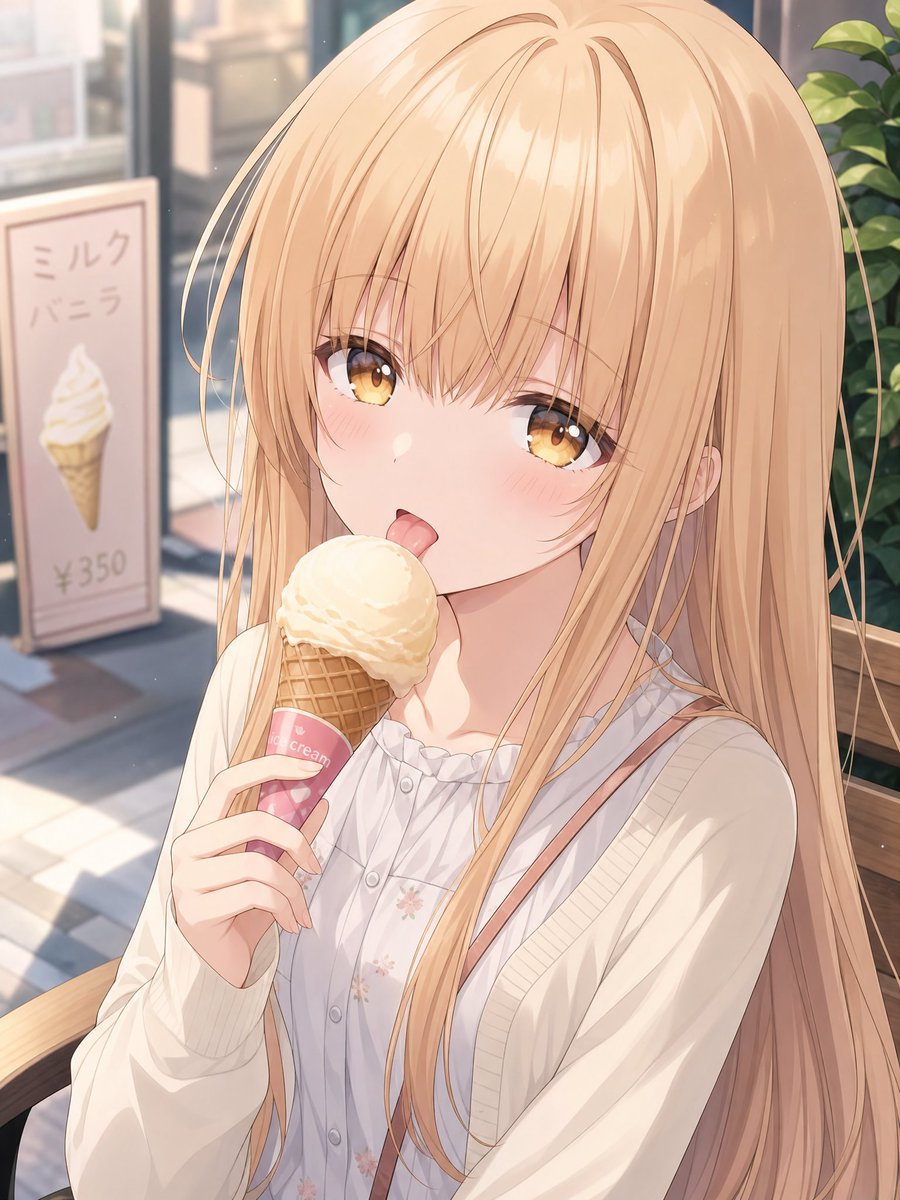 金发动漫少女与冰淇淋 / Blonde Anime Girl with Ice Cream，角色设计，人像、插画、角色，案例输出图 1