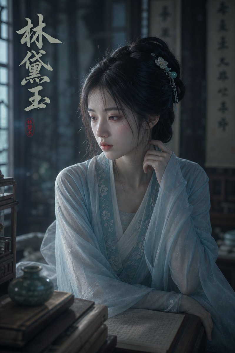 忧郁林黛玉肖像 / Melancholic Lin Daiyu Portrait，角色设计，35mm、人像、电影感，案例输出图 1