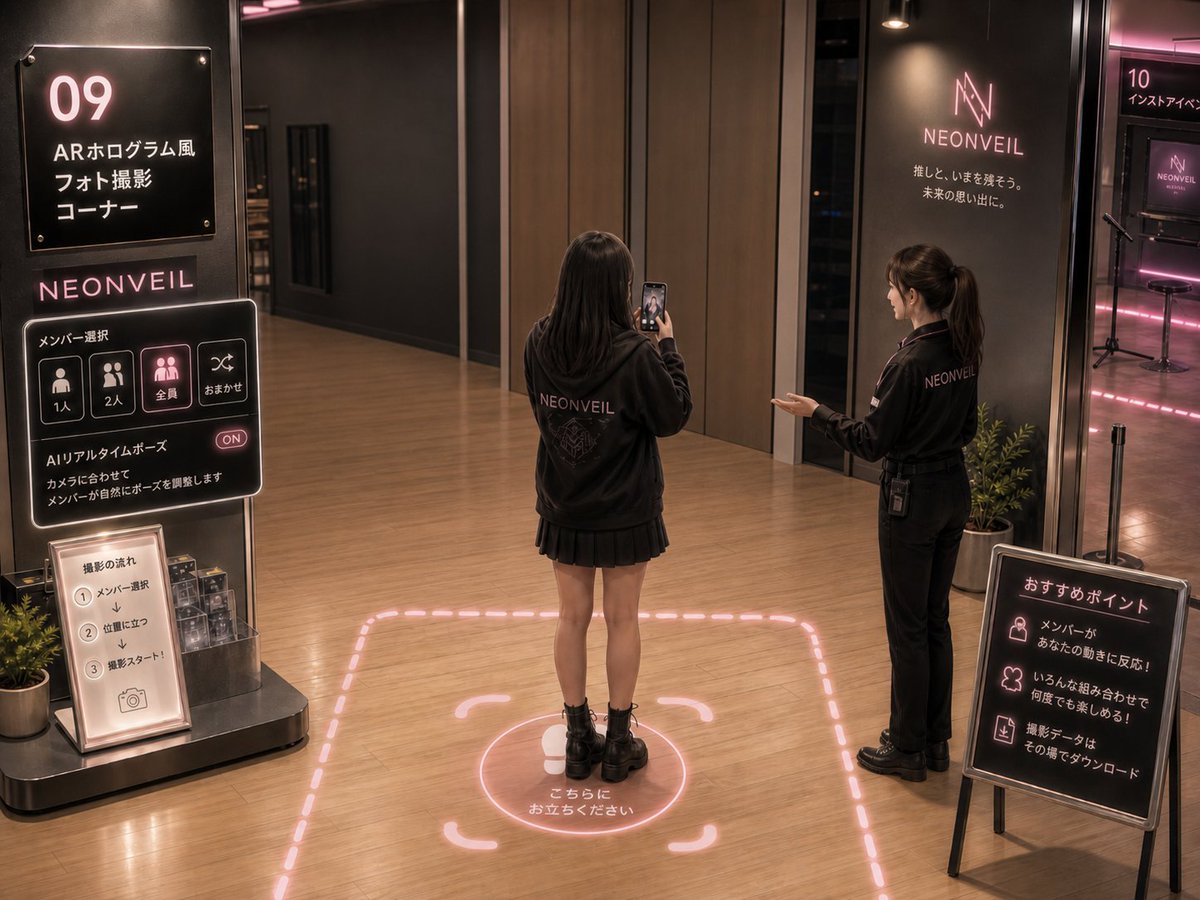 NEONVEIL AR 拍照区 / NEONVEIL AR Photo Zone，角色设计，霓虹、电影感、插画，案例输出图 1