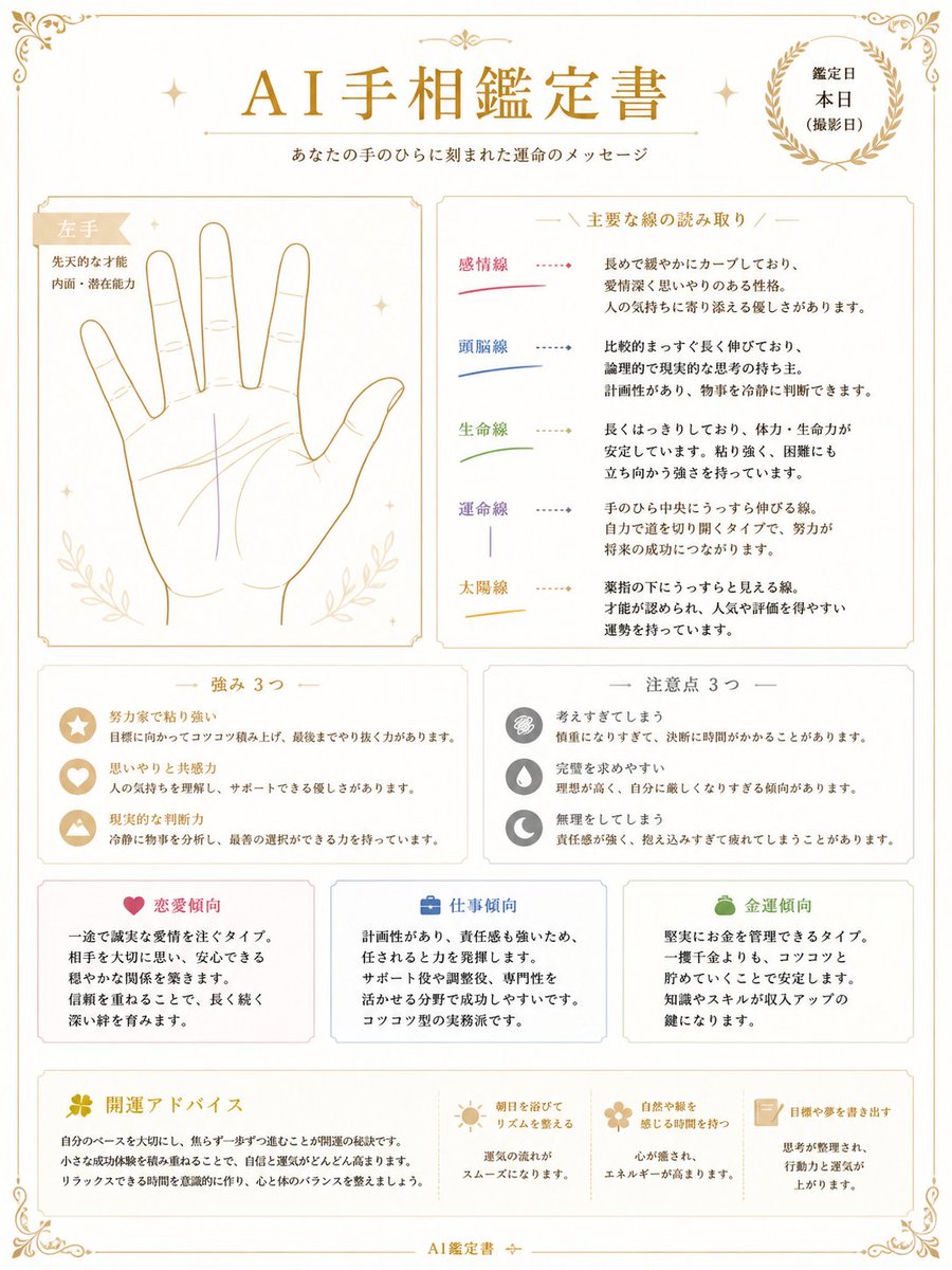 日式 AI 手相鉴定证书 / Japanese AI Palm Reading Certificate，海报与插画，海报、插画、极简，案例输出图 1