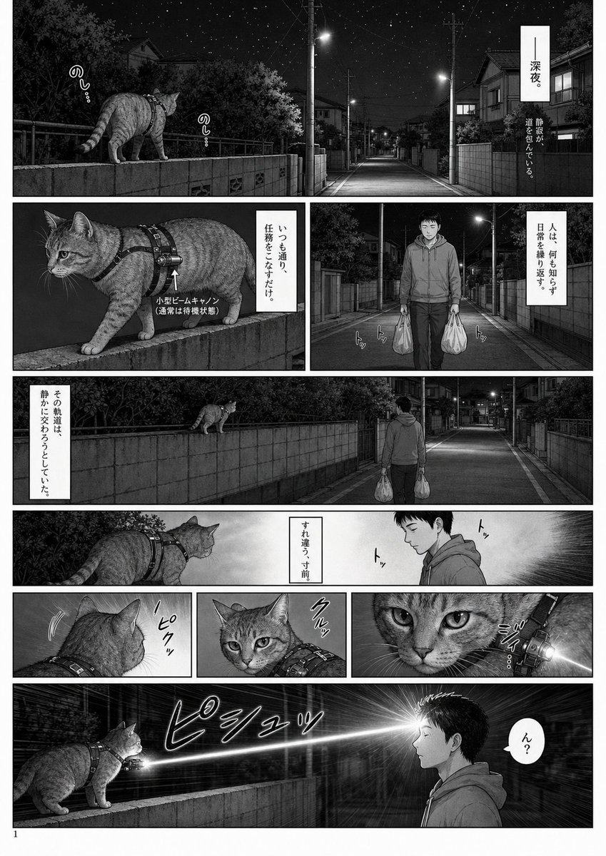 午夜激光猫漫画页面 / Midnight Laser Cat Manga Page，角色设计，电影感、插画、角色，案例输出图 1