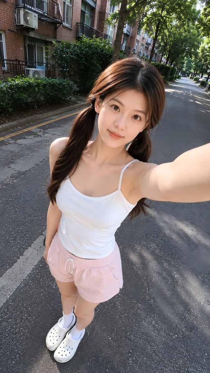 夏季街头高角度自拍 / High-Angle Summer Street Selfie，角色设计，人像、角色、二次元，案例输出图 1