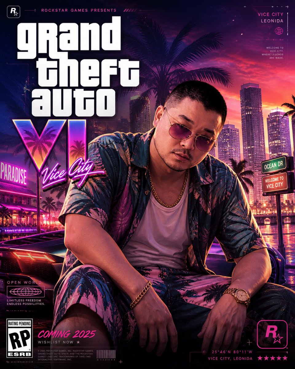GTA VI 风格 8K 电影感海报 / GTA VI Style 8K Cinematic Poster，UI 与社交媒体截图，霓虹、人像、电影感，案例输出图 1