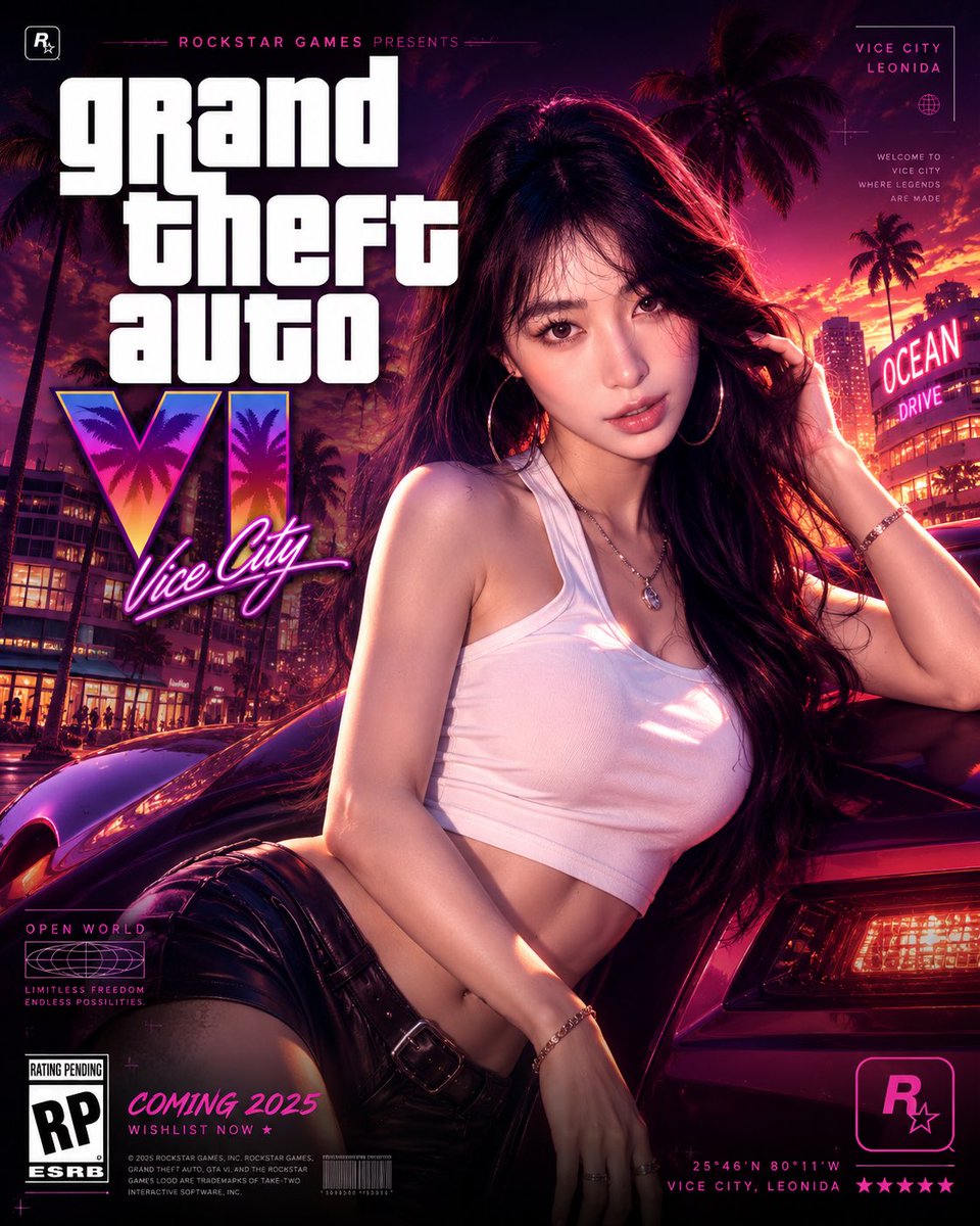 GTA VI 风格 8K 电影感海报 / GTA VI Style 8K Cinematic Poster，UI 与社交媒体截图，霓虹、人像、电影感，案例输出图 2