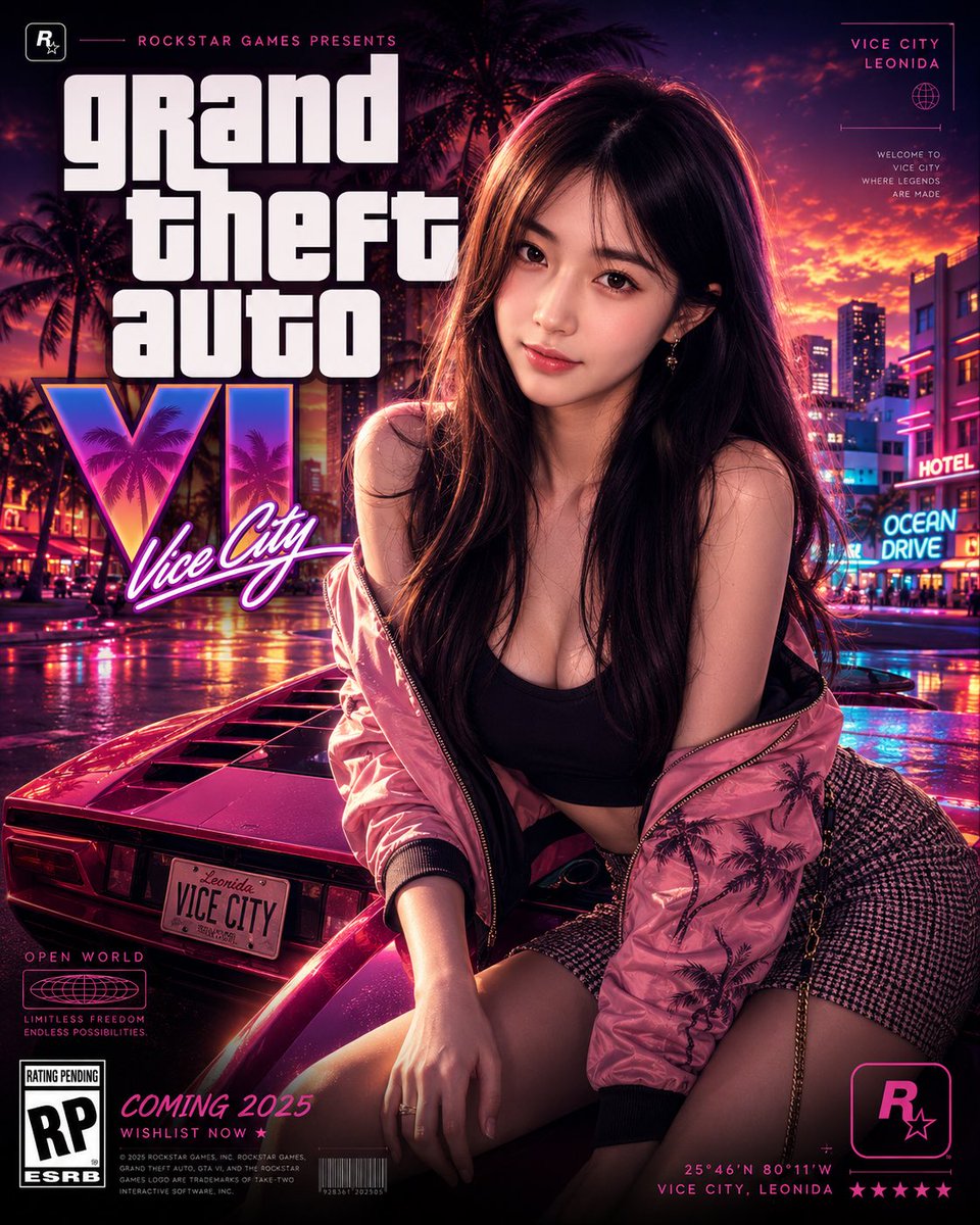 GTA VI 风格 8K 电影感海报 / GTA VI Style 8K Cinematic Poster，UI 与社交媒体截图，霓虹、人像、电影感，案例输出图 3