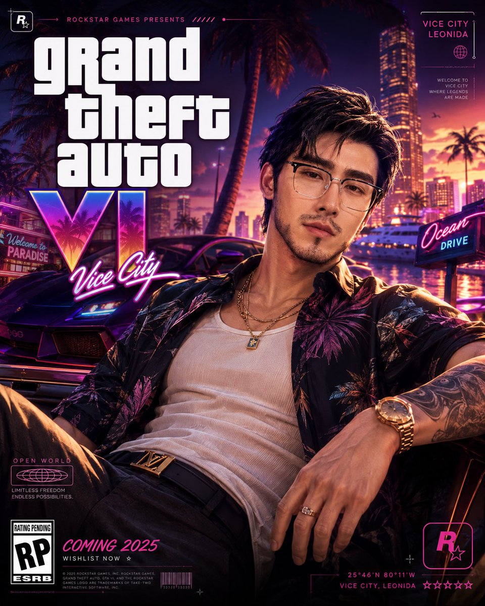 GTA VI 风格 8K 电影感海报 / GTA VI Style 8K Cinematic Poster，UI 与社交媒体截图，霓虹、人像、电影感，案例输出图 4